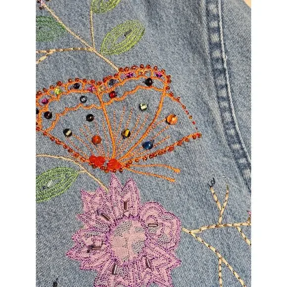 VTG Tantrums Embroidered Floral Denim Jacket Sz L Butterflies 90s Hippie Boho - Picture 12 of 16